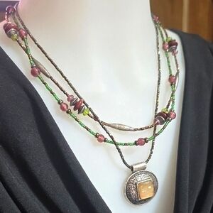Chico's Multi Beaded Necklace with Silver Pendant Adjustable